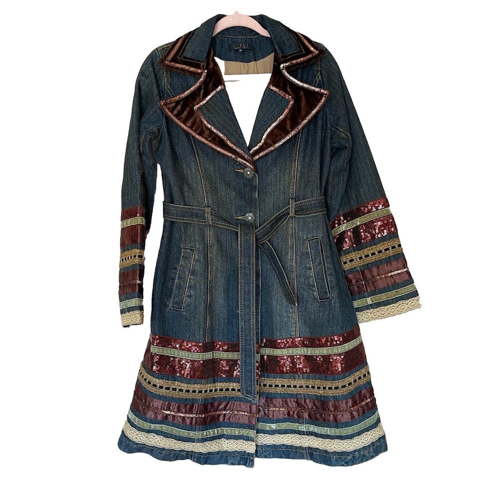 VTG Boho Denim Trench Coat Belted Velvet Lace Sequin Tie Waist Wide Collar Sz M